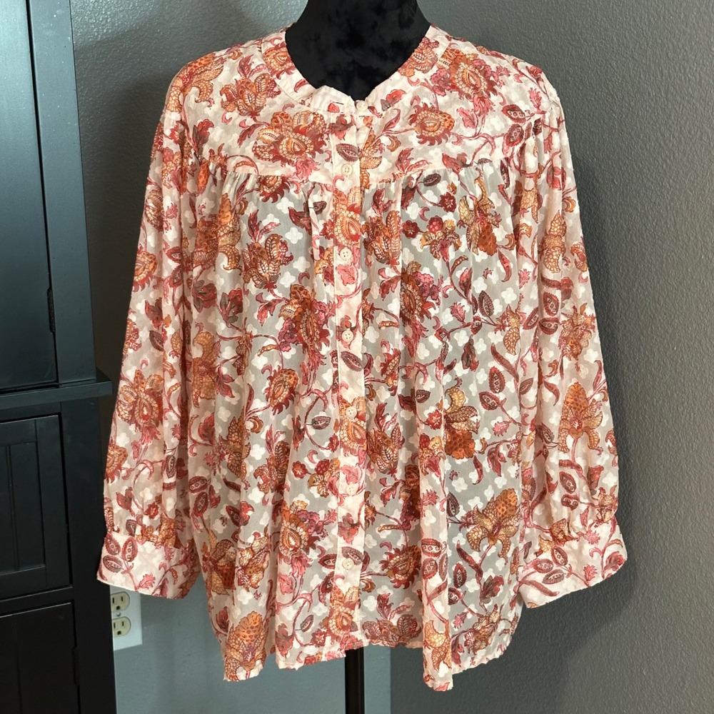 Ophelia Roe 3X Floral Peasant Blouse Boho Button Front 3/4 Sleeve Sheer Prairie
